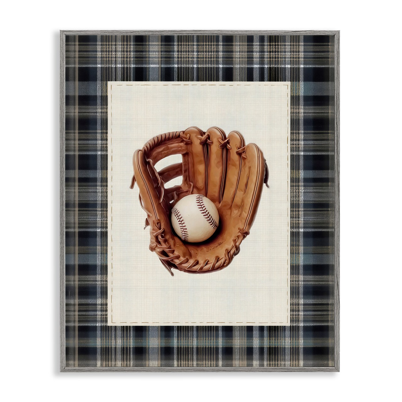 Stupell Industries Baseball Glove with Plaid Framed Giclee, design by Arlington Prints